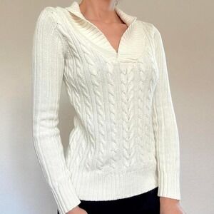 Greendog White Cable Knit V-Neck Sweater